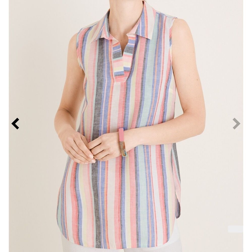 Chico's Women No-Iron FreshChic 100% Linen Striped rainbow colorful Tunic 12/14P
